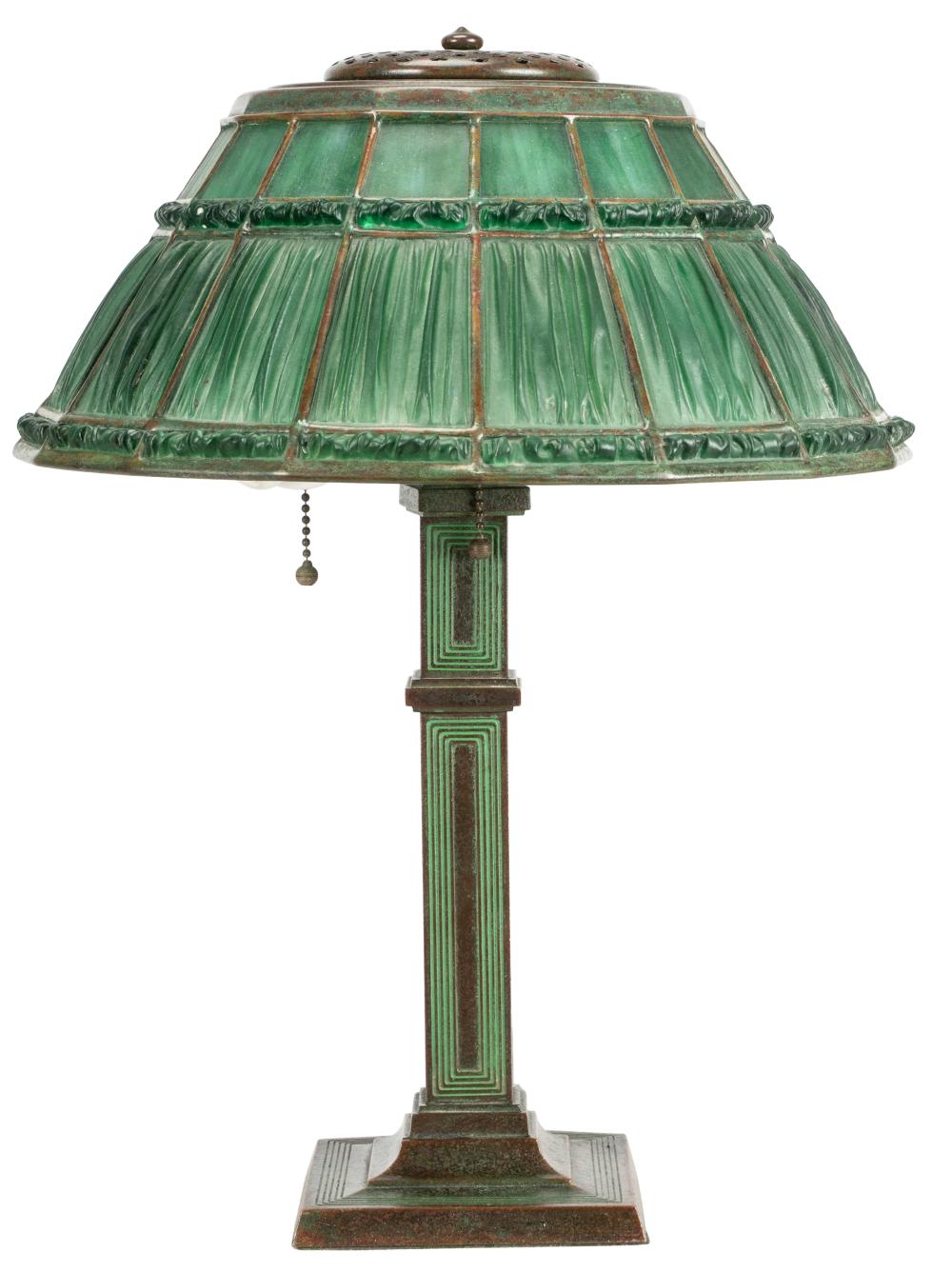 Appraisal: TIFFANY STUDIOS LINENFOLD TABLE LAMPcirca favrile fabrique glass and patinated