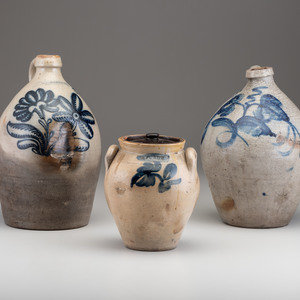 Appraisal: Three Cobalt Decorated Stoneware Vessels th Century comprising an F