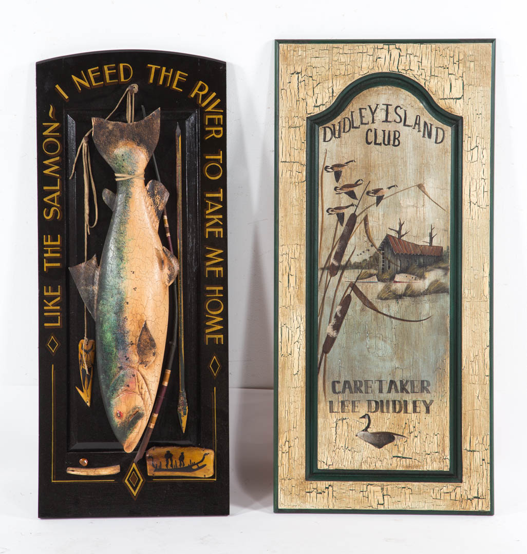 Appraisal: Fish Carvings Sign With a Dudley Island wooden sign Condition