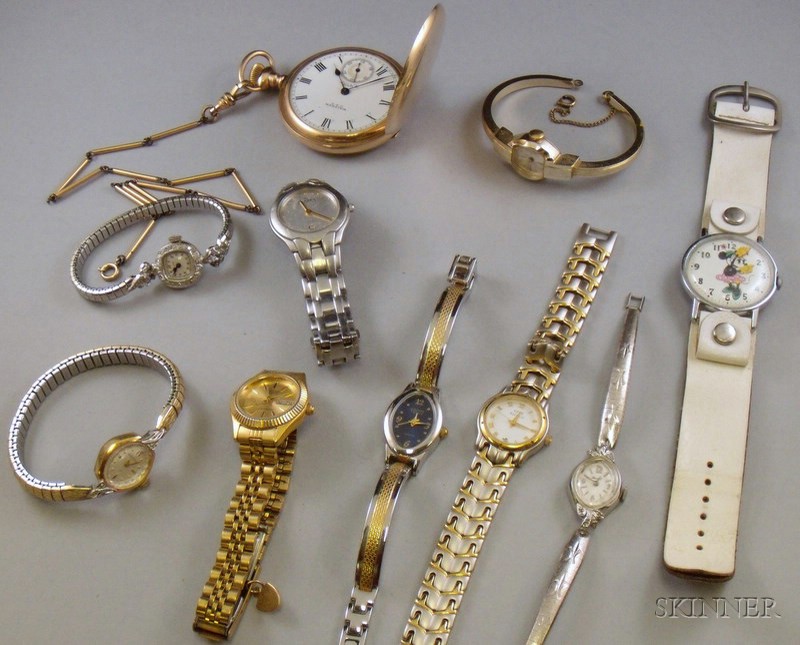 Appraisal: Eight Novelty Costume Wristwatches a Gold-filled Waltham Equity Pocket Watch