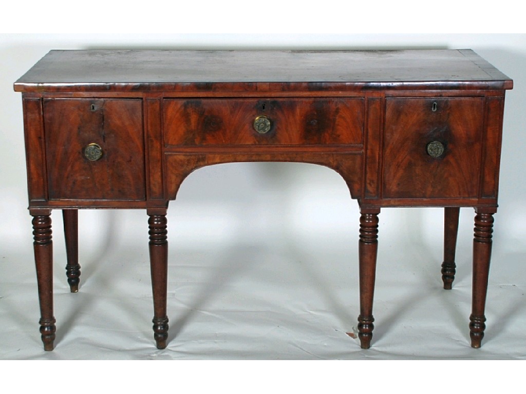 Appraisal: LATE GEORGIAN MAHOGANY SIDEBOARD the crossbanded and ebony line inlaid