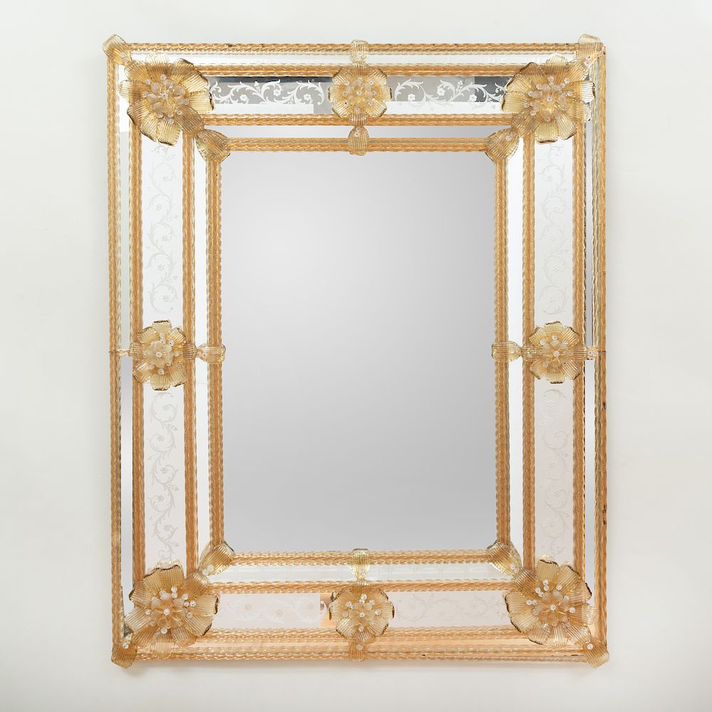 Appraisal: Venetian Baroque Style Amber and Etched Glass Mirror Modern The