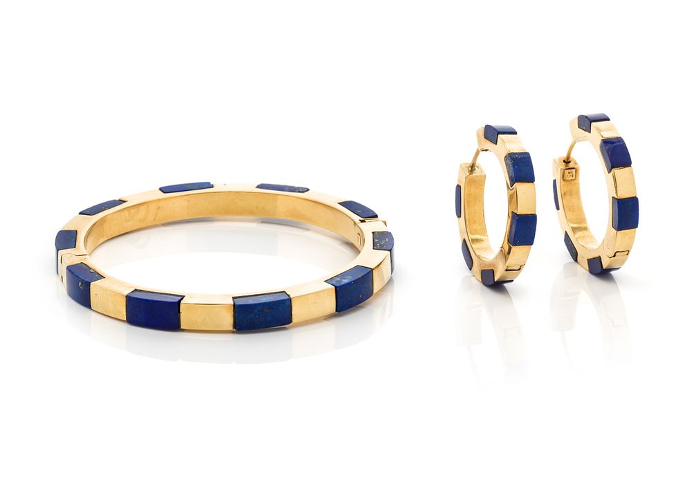 Appraisal: YELLOW GOLD AND LAPIS LAZULI SET YELLOW GOLD AND LAPIS