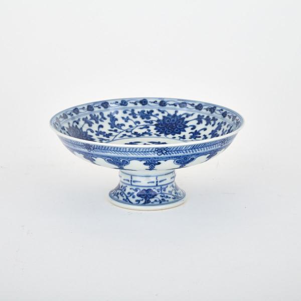 Appraisal: Blue and White High Footed Lotus Dish Qianlong Mark Interior