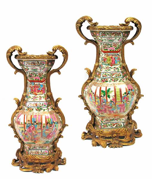 Appraisal: A pair of Rose Canton vases with bronze mounts height