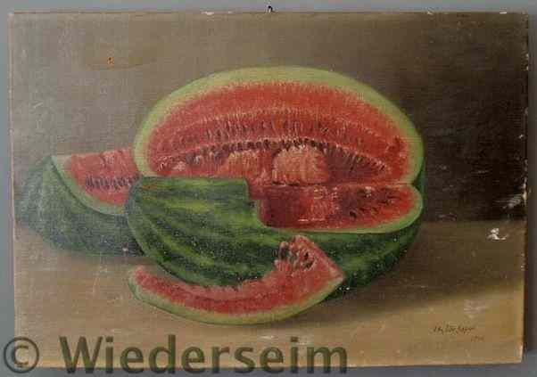 Appraisal: Unframed oil on canvas still life painting of watermelon signed