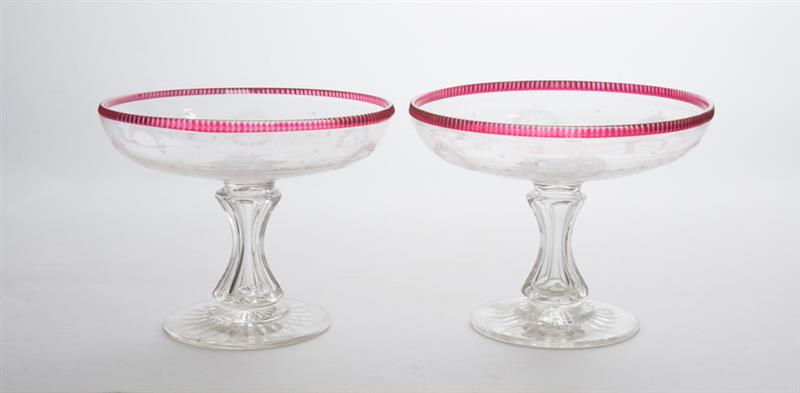 Appraisal: PAIR OF FRENCH ENGRAVED AND CUT-GLASS COMPOTES Each shallow bowl