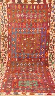 Appraisal: Colorful Geometric Pattern Rug Woven in two parts ' x