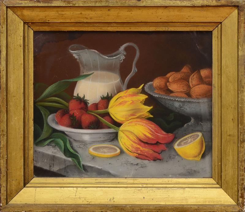 Appraisal: AMERICAN SCHOOL STILL LIFE WITH STRAWBERRIES NUTS AND PARROT TULIPS