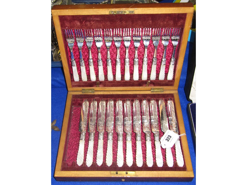 Appraisal: Cased part set EP and mother of pearl fruit cutlery