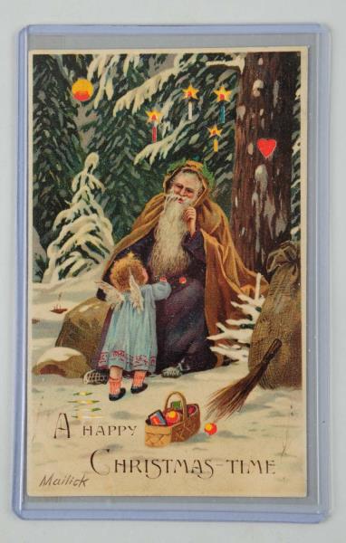 Appraisal: Hold-to-Light Santa Postcard Artist Signed by Mailick - postcard shows