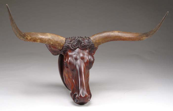 Appraisal: OUTSTANDING LIFE SIZE CARVED STEER HEAD The well mottled trophy