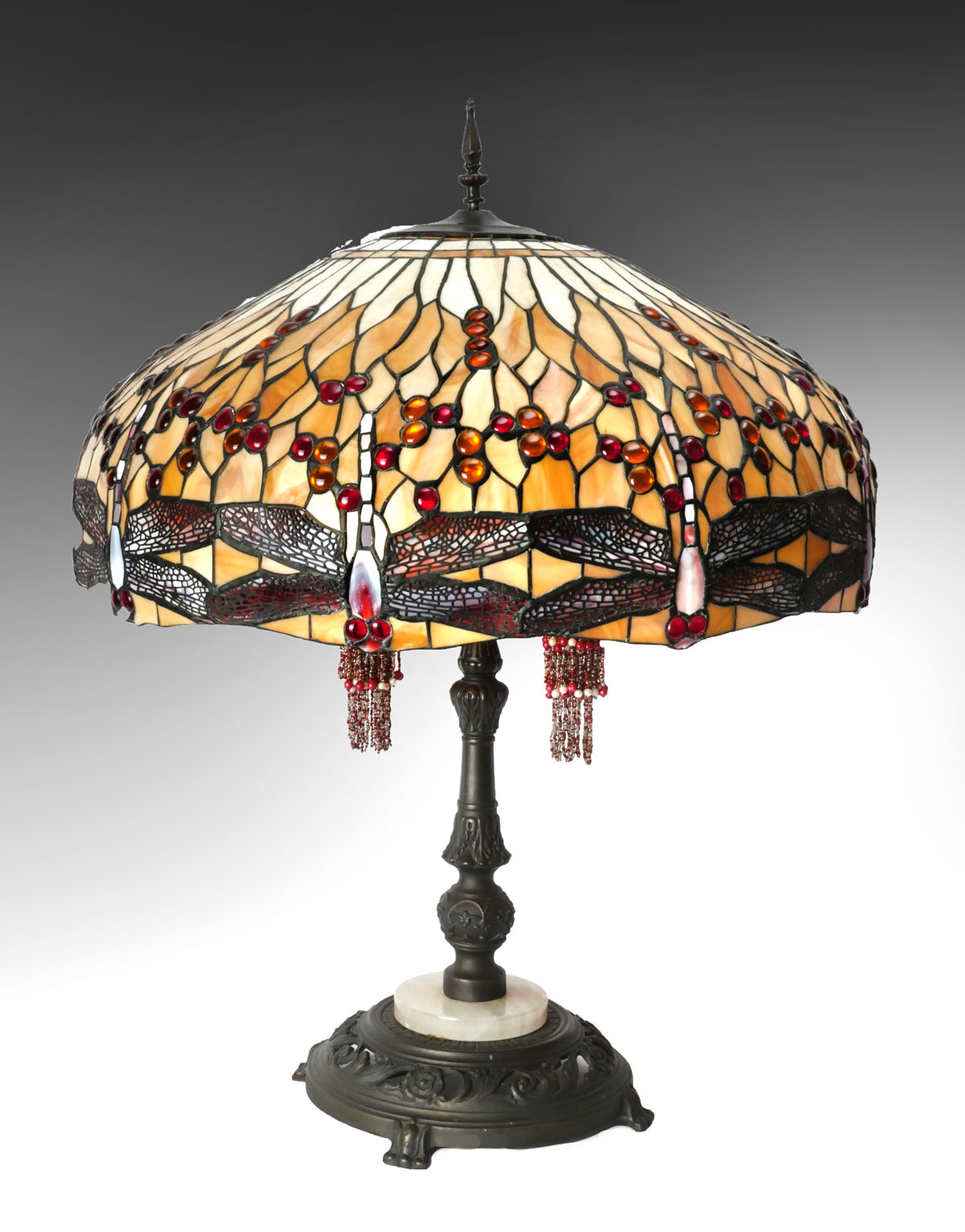 Appraisal: LARGE CONTEMPORARY LEADED GLASS DRAGONFLY LAMP - Light foliate metal