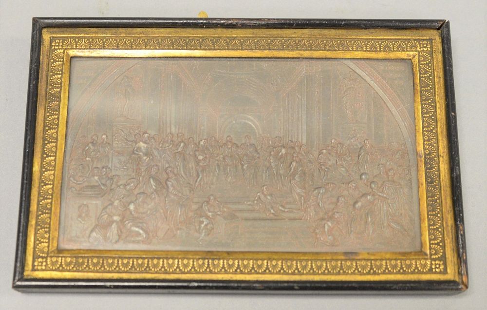 Appraisal: Metal embossed plaque with brass frame incurved marked on reverse