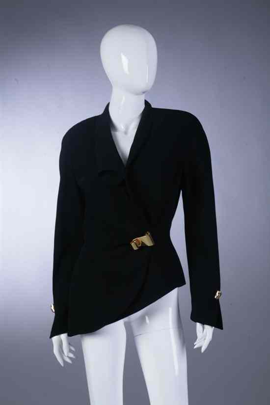 Appraisal: THIERRY MUGLER BLACK CREPE JACKET s Size Asymetric hem featuring