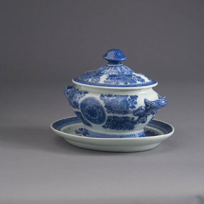 Appraisal: OVAL BLUE FITZHUGH COVERED STRAP- HANDLED SAUCE TUREEN WITH FLORAL