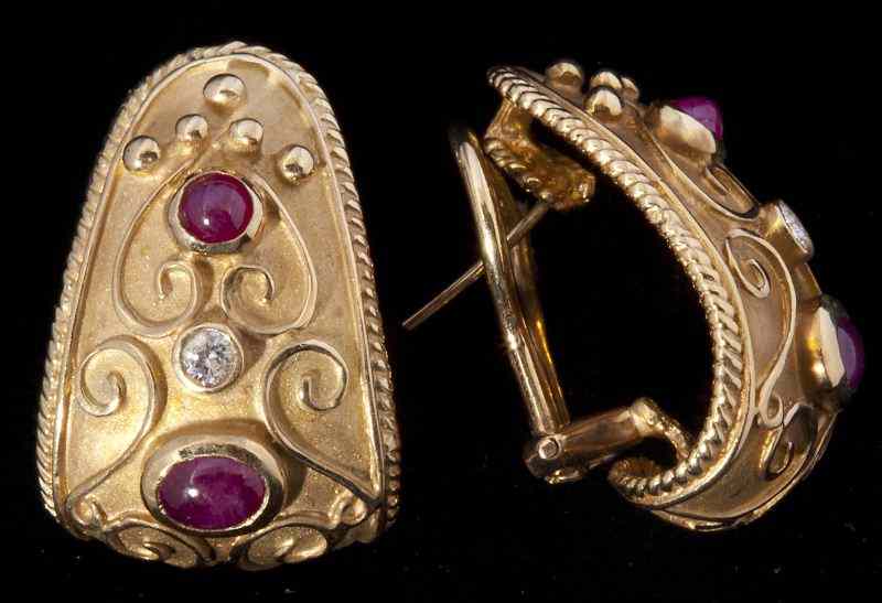 Appraisal: Gold Ruby and Diamond Earclipsdesigned in the Etruscan style of