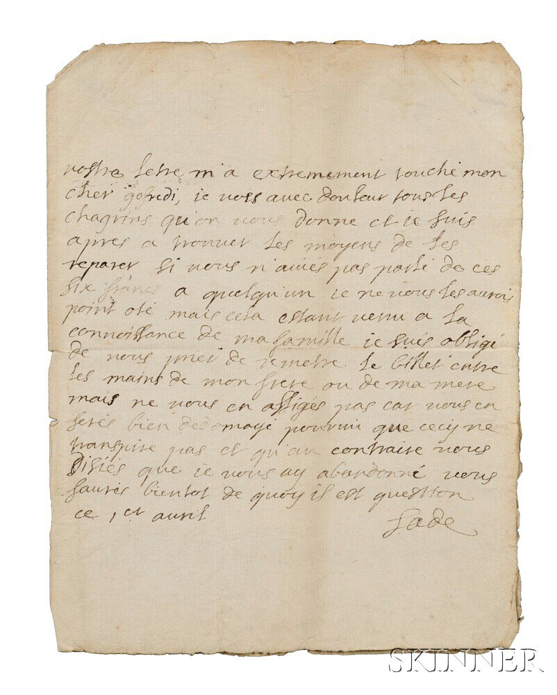 Appraisal: Marquis de Sade - Autograph Letter Signed April no year