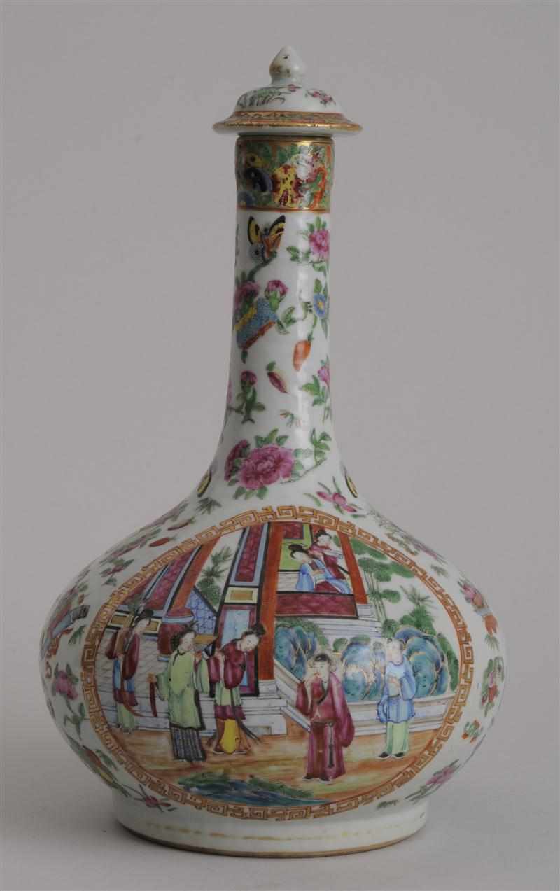 Appraisal: CANTON ROSE MEDALLION PORCELAIN BOTTLE-FORM VASE AND COVER Enameled with