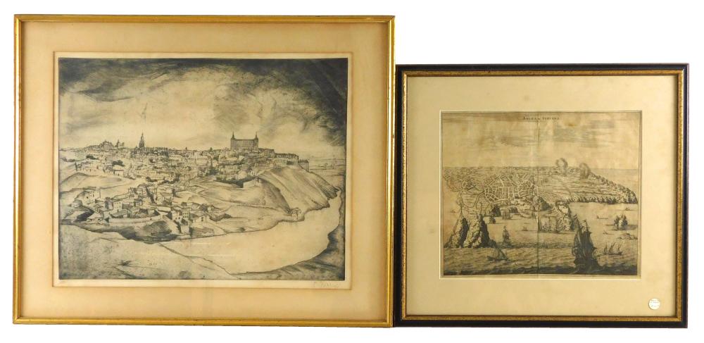 Appraisal: Two framed engravings Bird's-eye view engraving Angra op Tercera by