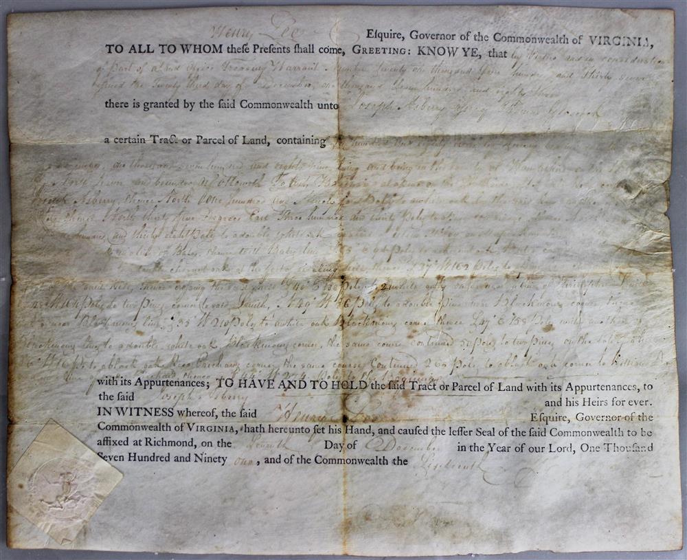 Appraisal: VIRGINIA LAND GRANT OF JOSEPH ASBERRY SIGNED BY GOVERNOR HENRY