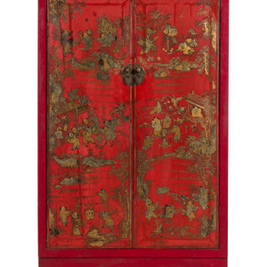 Appraisal: A Chinese Gilt Decorated Red Lacquer Corner Cabinet Late th