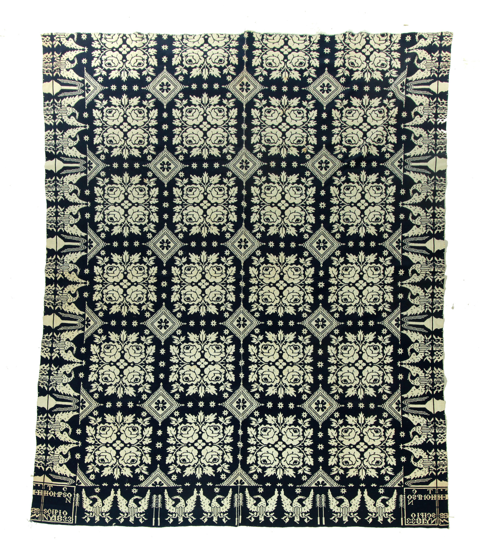 Appraisal: NEW YORK JACQUARD COVERLET Scipio Cayuga County wool and cotton