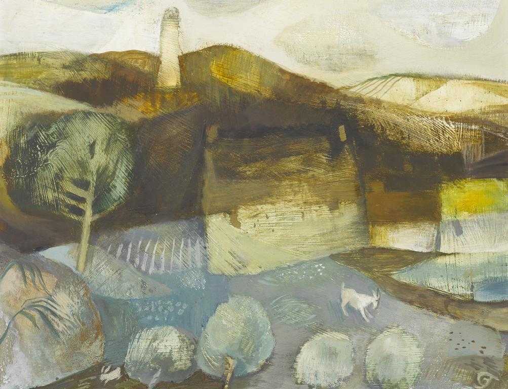 Appraisal: GWYNETH JOHNSTONE - LANDSCAPE WITH TOWER signed with initials board