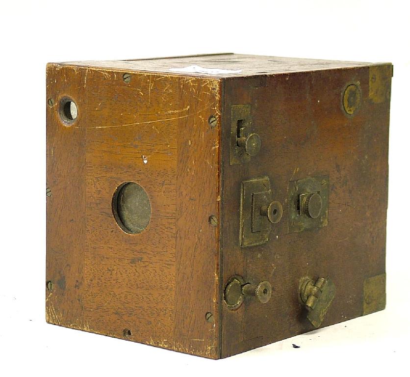 Appraisal: Interesting early mahogany and brass bound boxed camera with sliding