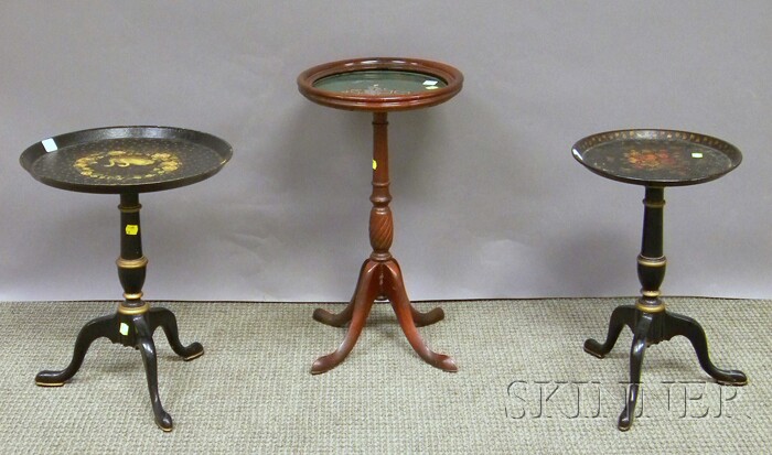 Appraisal: Two Small Hand-painted Polychrome-decorated Dish-top Stands and a Chinoiserie-decorated Reverse-painted