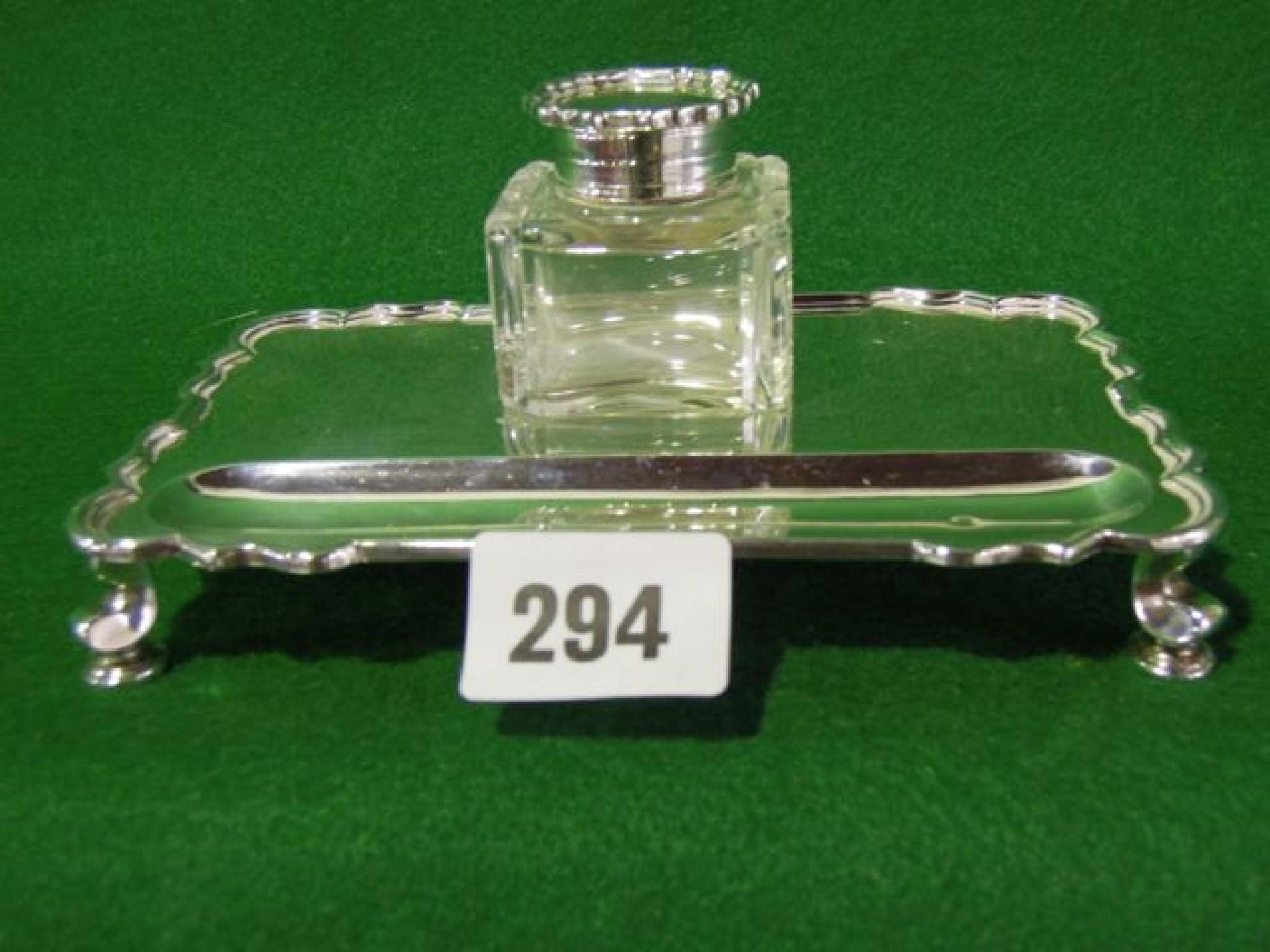 Appraisal: A silver and cut glass inkwell on stand in the