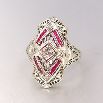 Appraisal: EDWARDIAN K WHITE GOLD DIAMOND RUBY FILIGREE RING Circa -