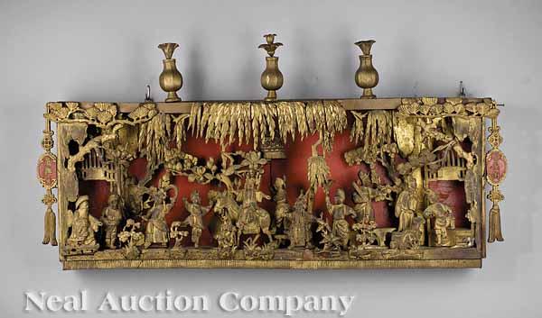 Appraisal: A Chinese Carved Giltwood Diorama of a Festive Procession th