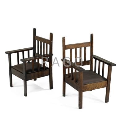 Appraisal: ARTS AND CRAFTS Pair of child s chairs Oak and