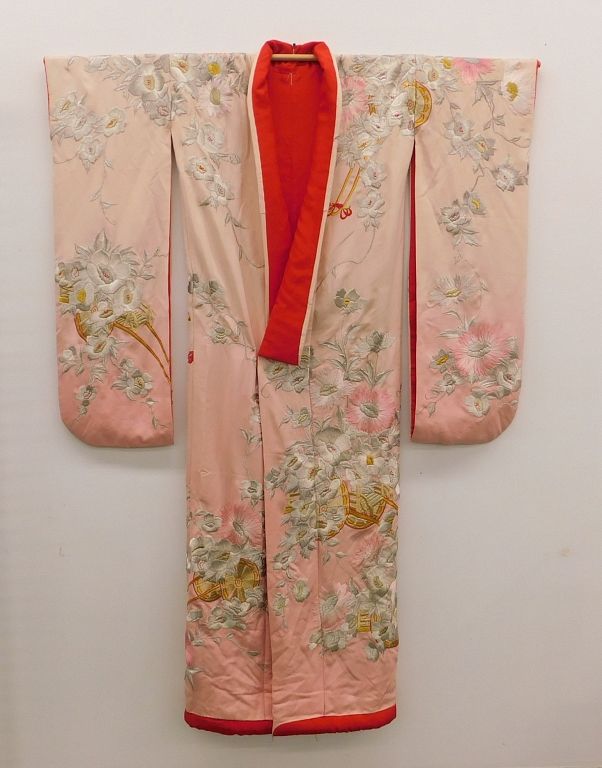 Appraisal: Japanese Silk Embroidered Pink Floral Kimono Japan Early th Century