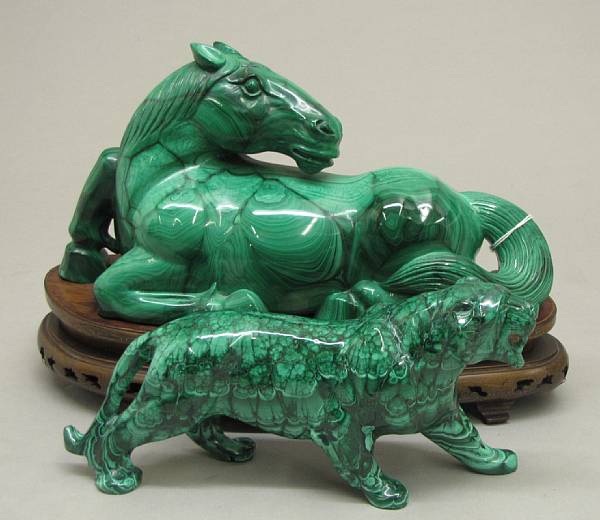 Appraisal: A malachite model of horse and tiger The recumbent horse