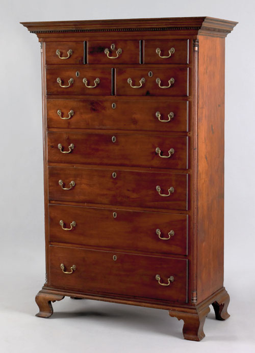 Appraisal: Pennsylvania Chippendale walnut tall chest ca the dental molded cornice