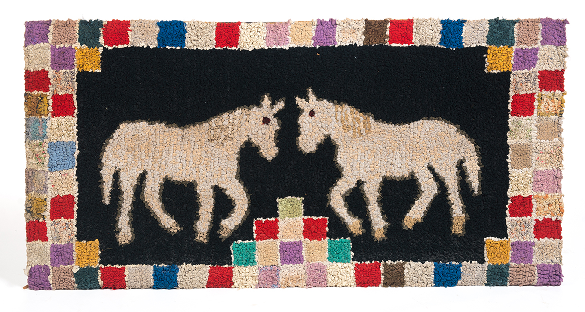 Appraisal: AMERICAN HOOKED RUG Early th century Two horses facing each