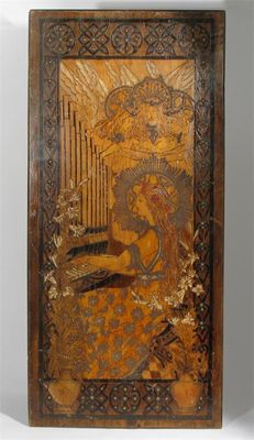 Appraisal: A pokerwork wooden panel depicting angels one playing the organ