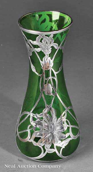 Appraisal: An Art Nouveau Green Glass and Silver Overlay Vase floral