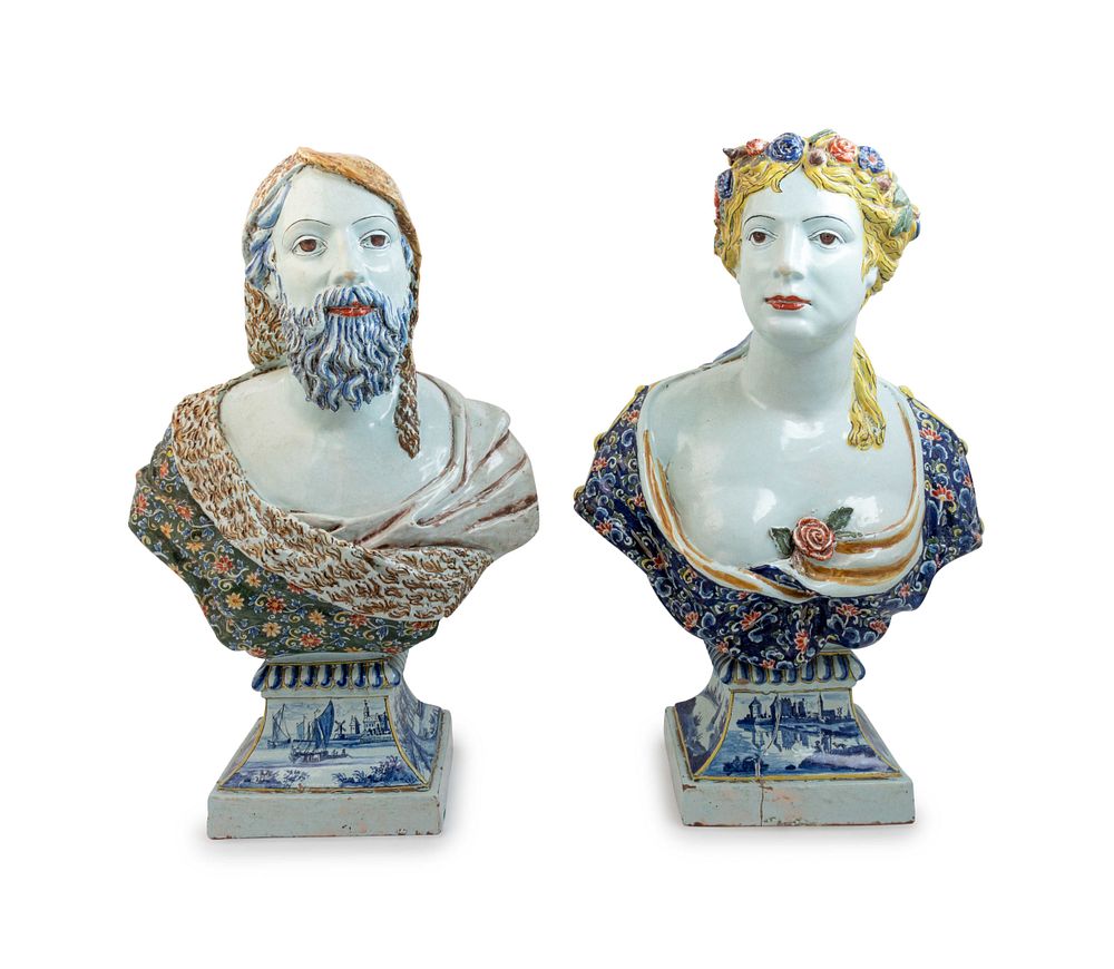 Appraisal: A Pair of Rouen Style Polychrome Glazed Terra Cotta Busts