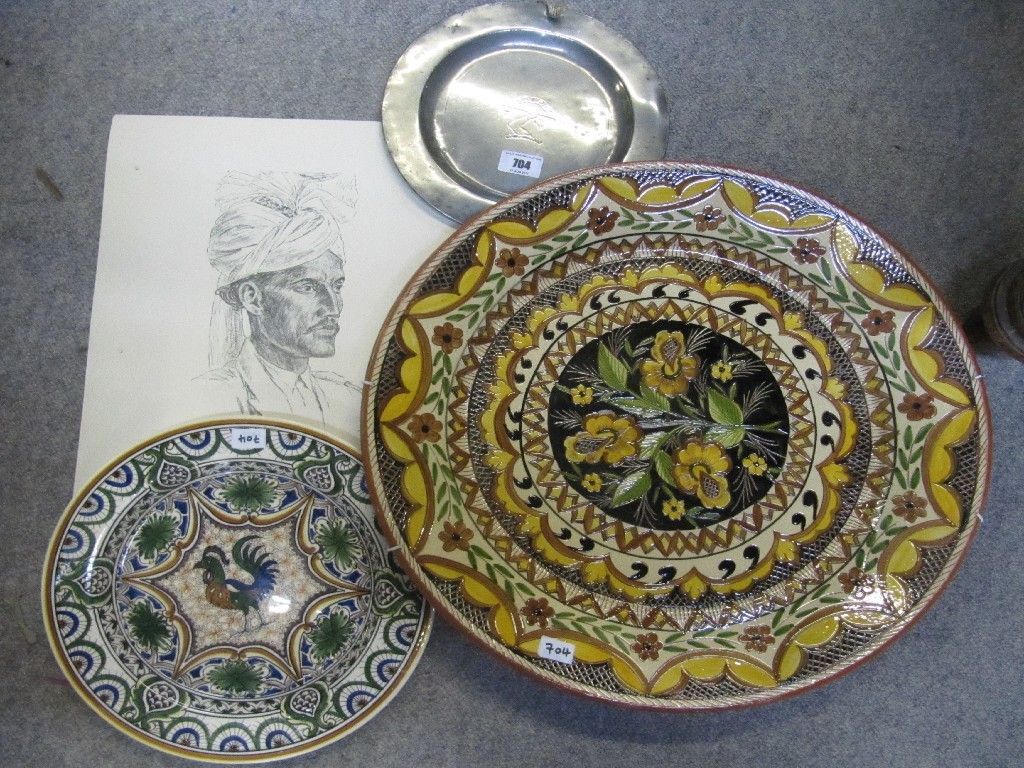 Appraisal: Pewter plate folio of drawings and two ceramic chargers