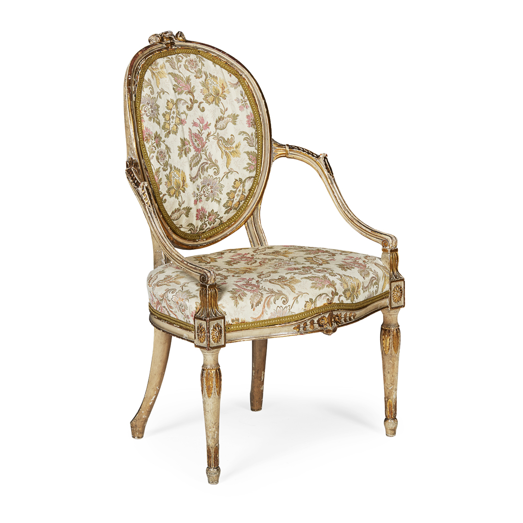 Appraisal: GEORGE III GILTWOOD ARMCHAIR LATE TH CENTURY the oval back