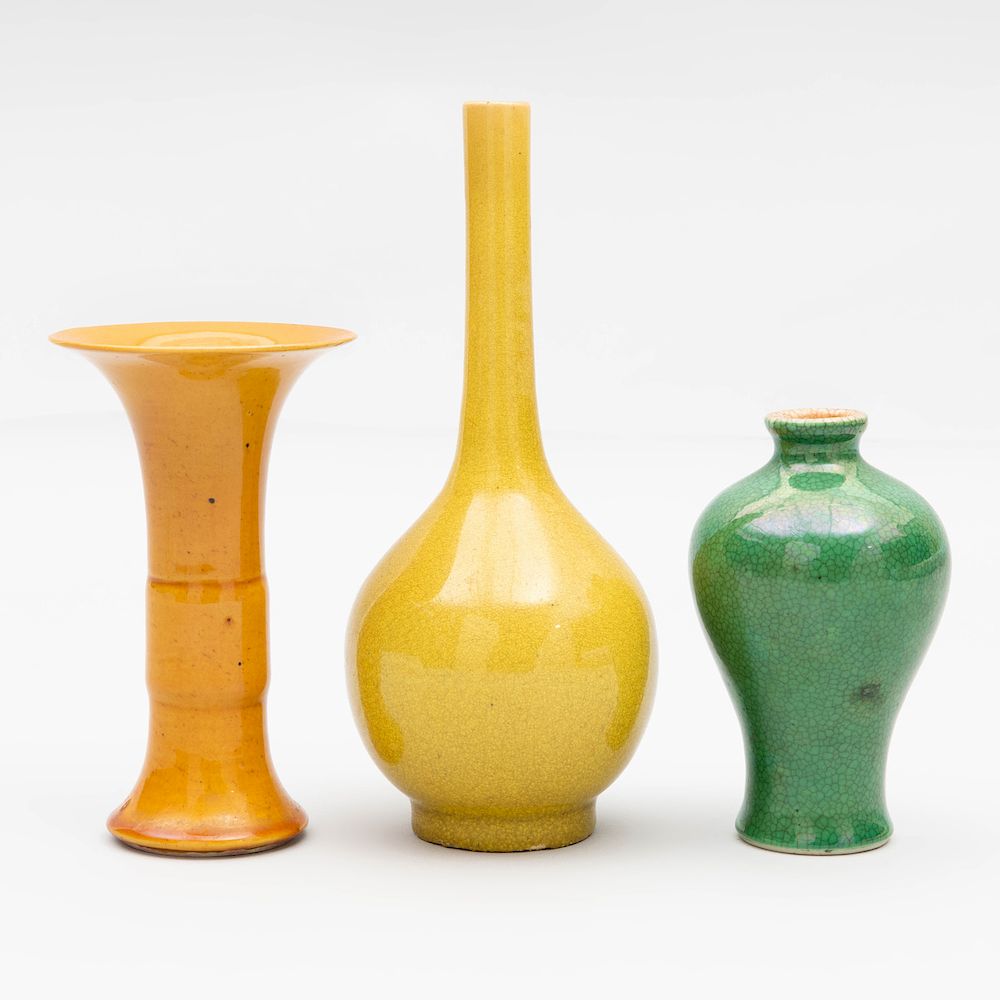 Appraisal: Three Small Chinese Monochrome Glazed Porcelain Vases Comprising a yellow