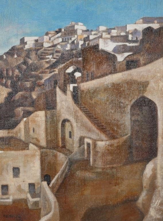 Appraisal: Oil on rough canvas painting of Greece showing a mountain