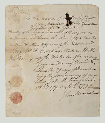 Appraisal: John Marshall Masonic letter twice-signed single hand written page authorizing