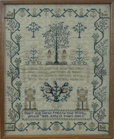 Appraisal: A th century Adam and Eve sampler By Mary Anne