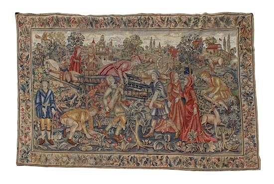 Appraisal: A Continental Embroidered Wool Tapestry Height x width inches A