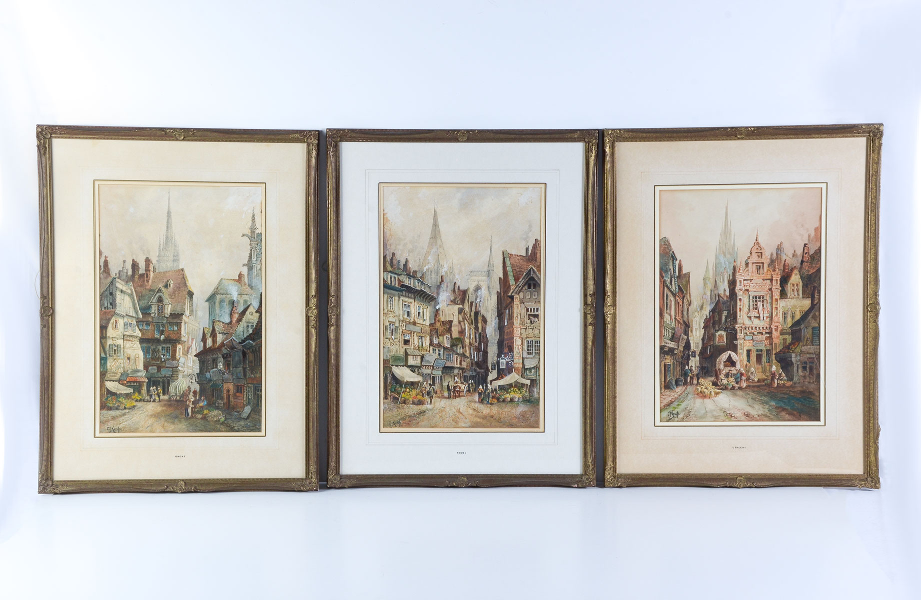 Appraisal: THREE C J KEATS EUROPEAN CITY PAINTINGS Ghent Utrecht and