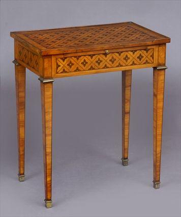 Appraisal: LOUIS XV-STYLE GILT-METAL-MOUNTED PARQUETRY-INLAID FRUITWOOD TABLE A ECRIRE The top